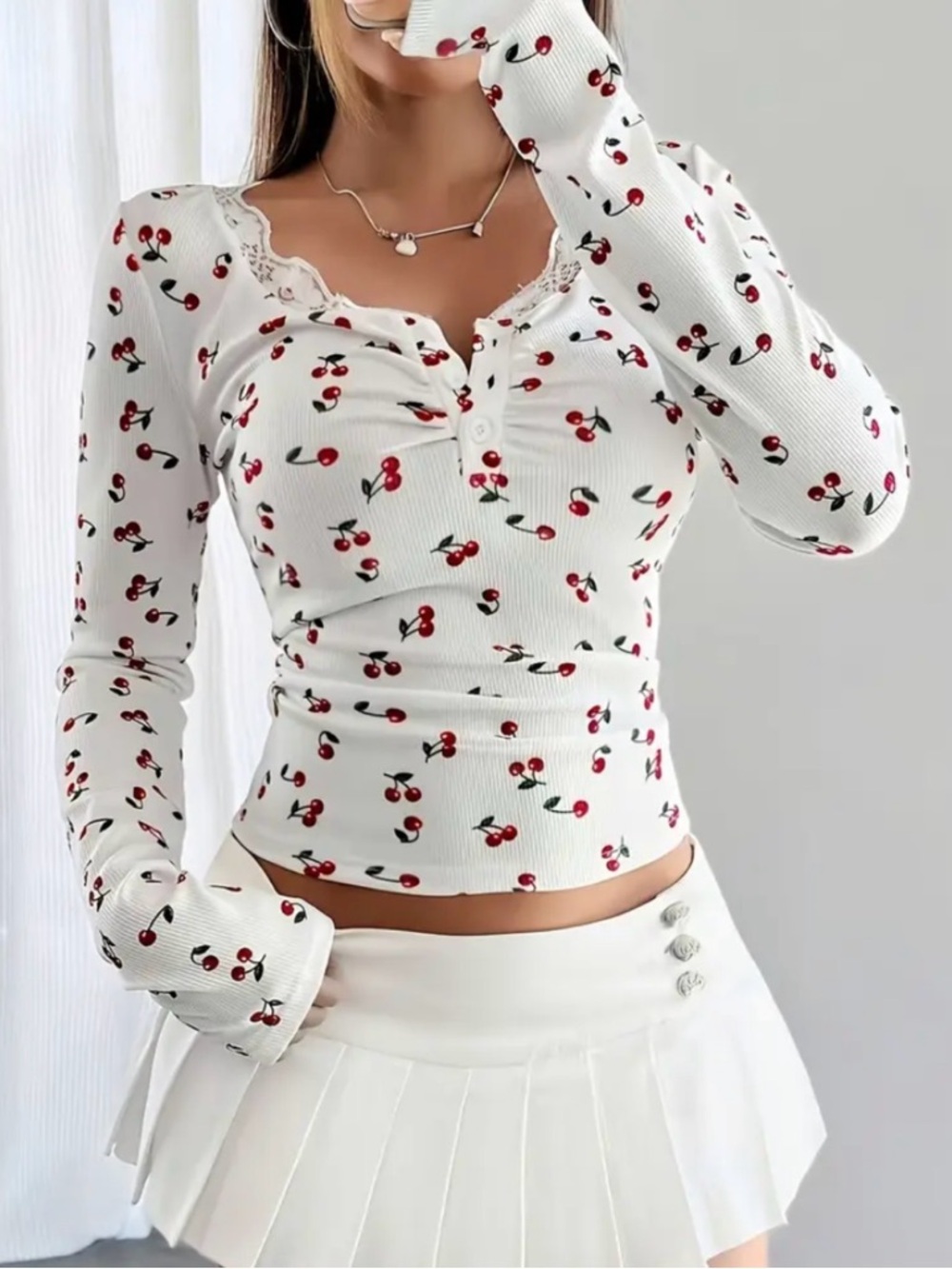 Cherry Print Lace-Trim Long Sleeve Top